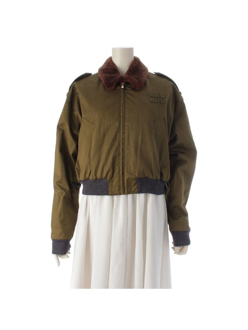 Miu Miu Cotton Satin Bomber Shearling Military Jacket Outer Forest Green Olive